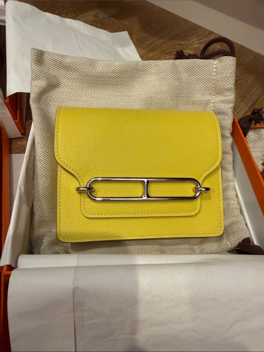 Yellow Hermes Leather Wallet with Palladium Hardware- Lime